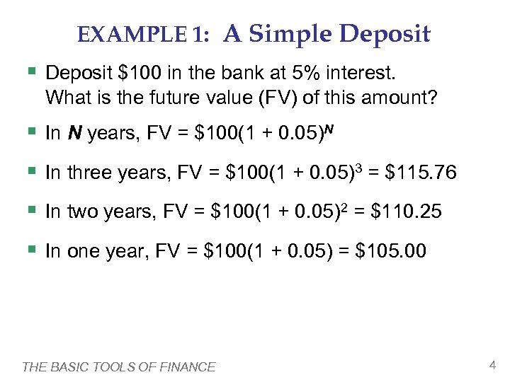 EXAMPLE 1: A Simple Deposit § Deposit $100 in the bank at 5% interest.