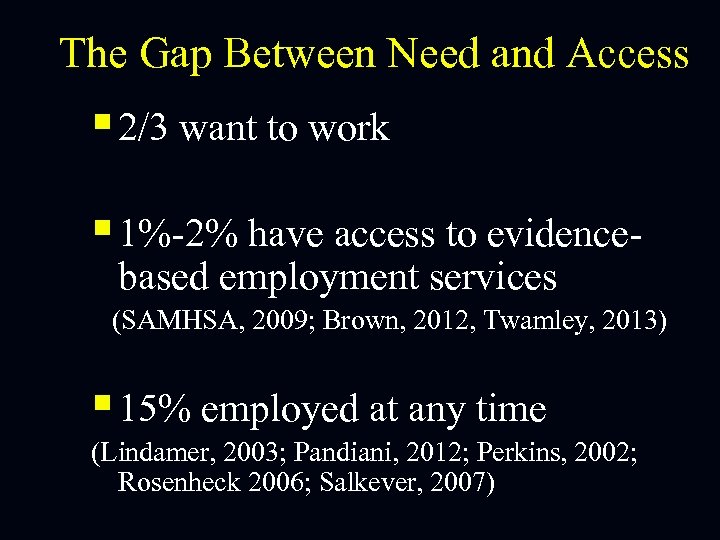 The Gap Between Need and Access § 2/3 want to work § 1%-2% have