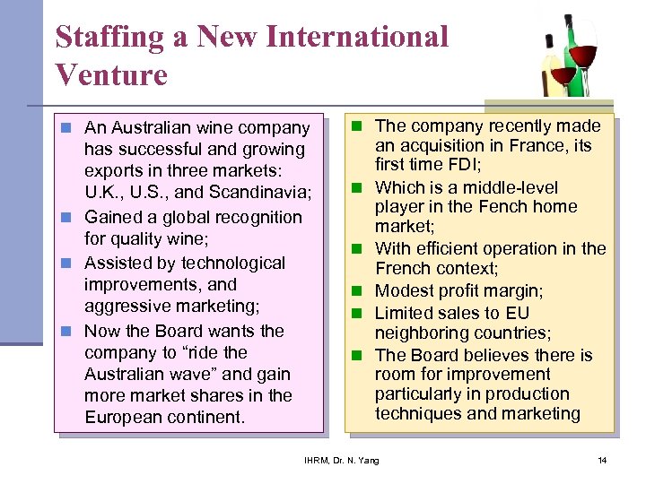 Staffing a New International Venture n An Australian wine company has successful and growing