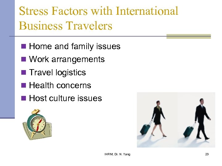 Stress Factors with International Business Travelers n Home and family issues n Work arrangements