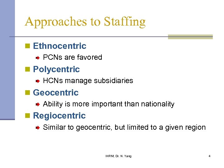 Approaches to Staffing n Ethnocentric PCNs are favored n Polycentric HCNs manage subsidiaries n