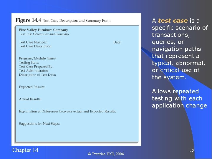 A test case is a specific scenario of transactions, queries, or navigation paths that