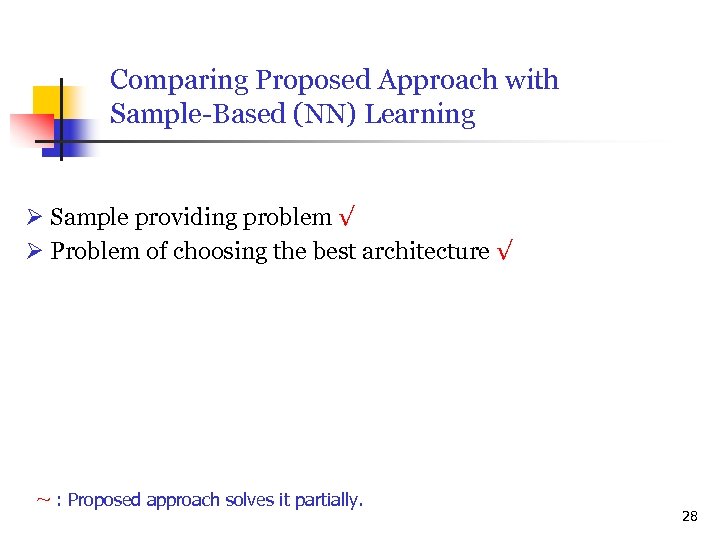 Comparing Proposed Approach with Sample-Based (NN) Learning Sample providing problem √ Problem of choosing
