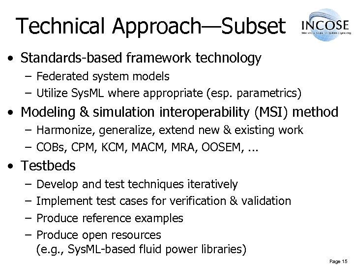 Technical Approach—Subset • Standards-based framework technology – Federated system models – Utilize Sys. ML