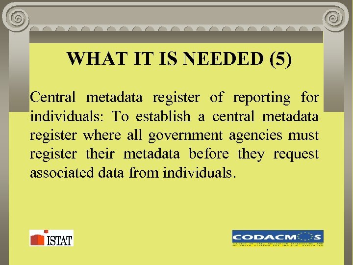 WHAT IT IS NEEDED (5) Central metadata register of reporting for individuals: To establish