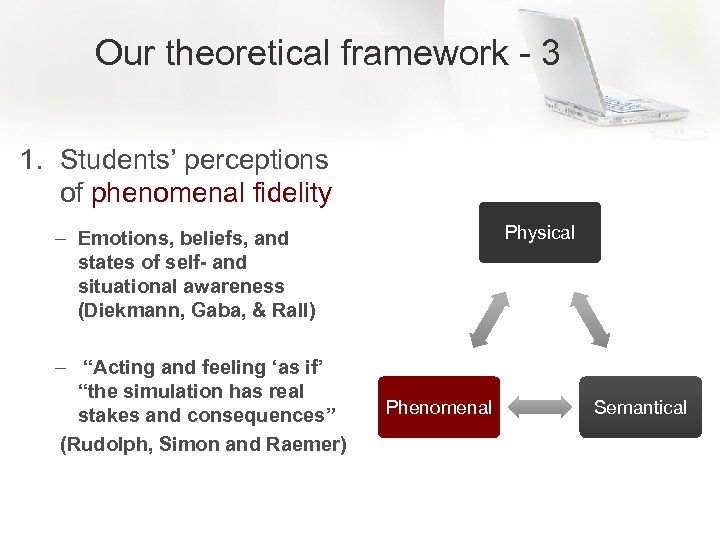 Our theoretical framework - 3 1. Students’ perceptions of phenomenal fidelity Physical – Emotions,