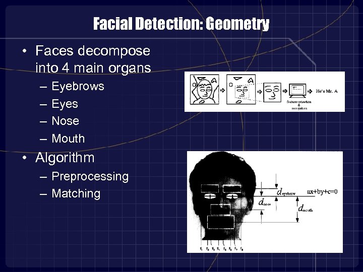 Facial Detection: Geometry • Faces decompose into 4 main organs – – Eyebrows Eyes