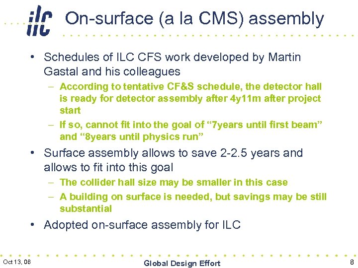 On-surface (a la CMS) assembly • Schedules of ILC CFS work developed by Martin