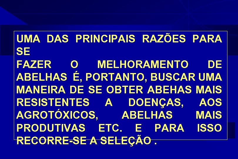 UMA DAS PRINCIPAIS RAZÕES PARA SE FAZER O MELHORAMENTO DE ABELHAS É, PORTANTO, BUSCAR