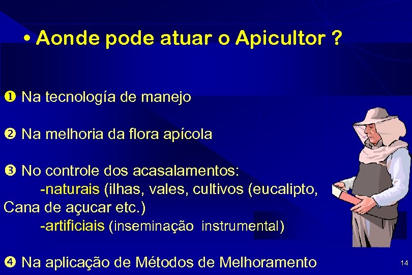  • Aonde pode atuar o Apicultor ? Na tecnología de manejo Na melhoria