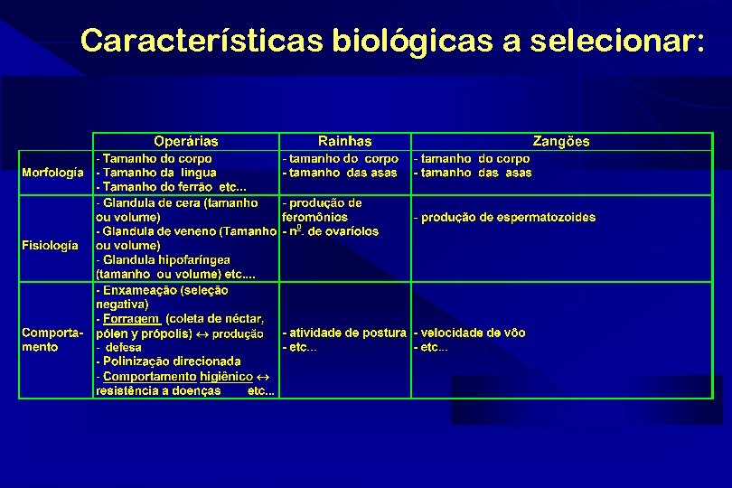 Características biológicas a selecionar: 