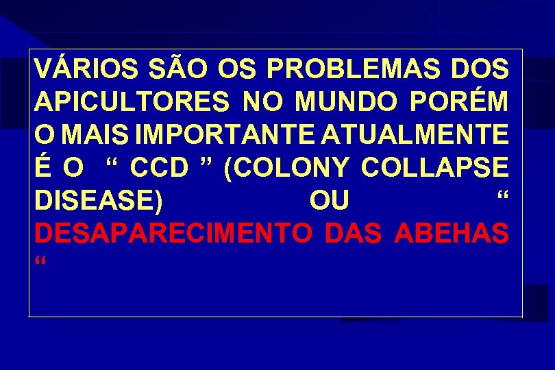 VÁRIOS SÃO OS PROBLEMAS DOS APICULTORES NO MUNDO PORÉM O MAIS IMPORTANTE ATUALMENTE É