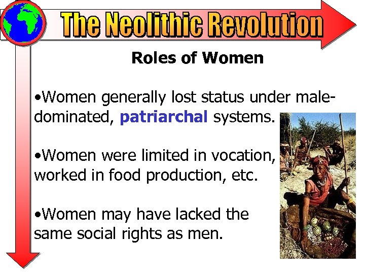Roles of Women • Women generally lost status under maledominated, patriarchal systems. • Women