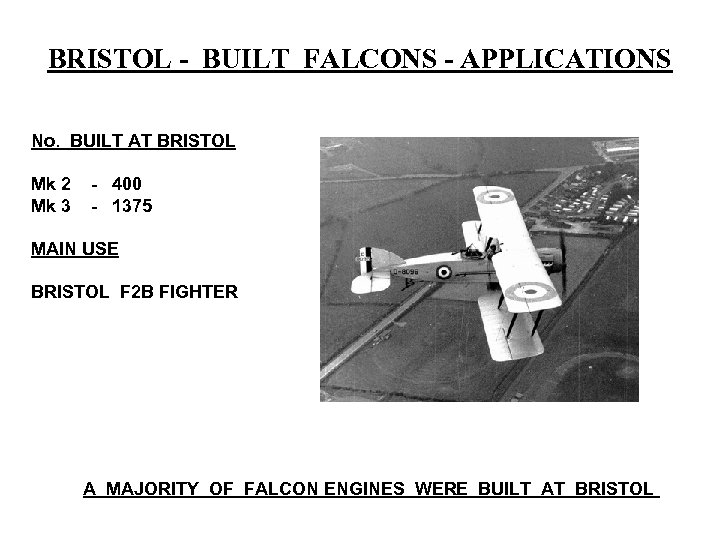 BRISTOL - BUILT FALCONS - APPLICATIONS No. BUILT AT BRISTOL Mk 2 Mk 3