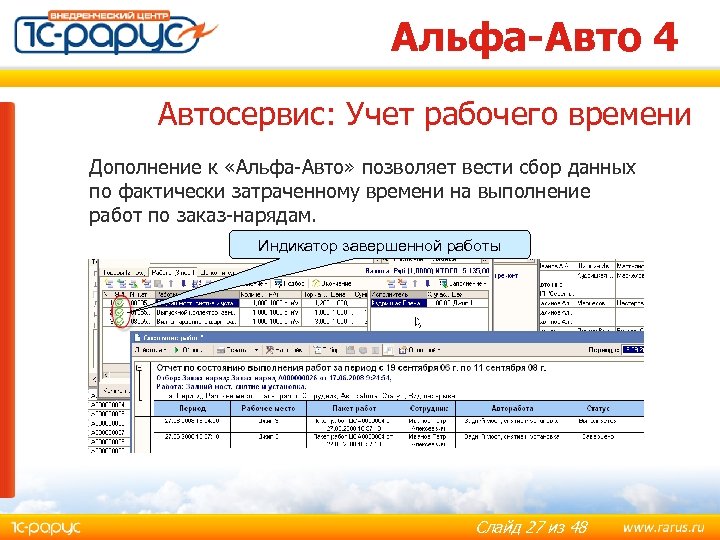 Альфа-Авто 4 Автосервис: Учет рабочего времени Дополнение к «Альфа-Авто» позволяет вести сбор данных по