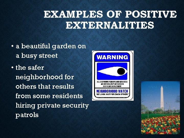 EXAMPLES OF POSITIVE EXTERNALITIES • a beautiful garden on a busy street • the