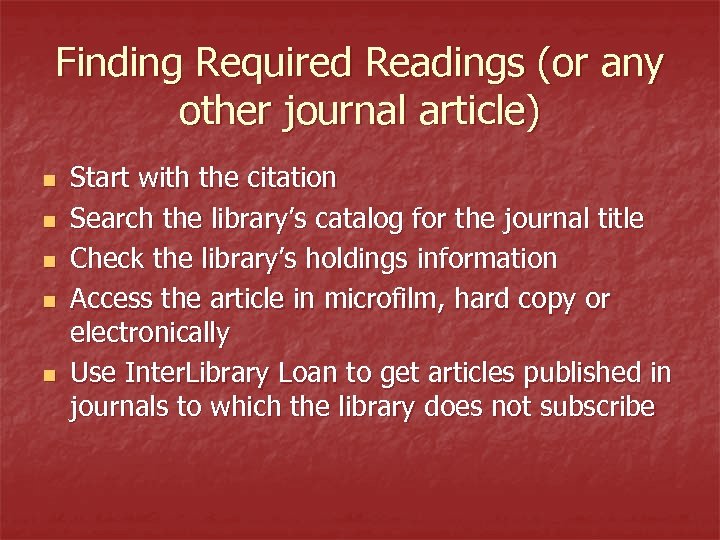Finding Required Readings (or any other journal article) n n n Start with the