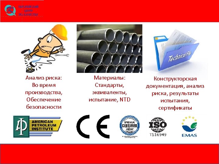 Анализ риска: Во время производства, Обеспечение безопасности Материалы: Стандарты, эквиваленты, испытание, NTD Конструкторская документация,