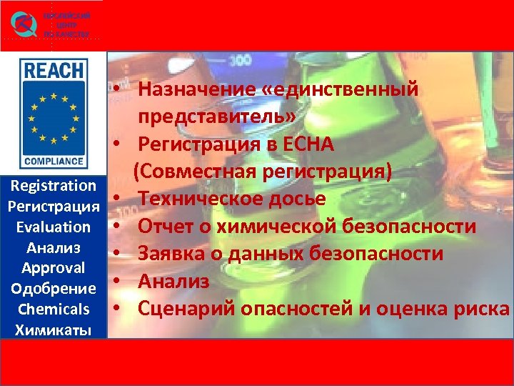 Registration Регистрация Evaluation Анализ Approval Одобрение Chemicals Химикаты • Назначение «единственный представитель» • Регистрация