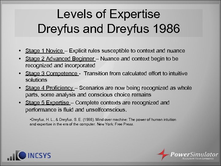 Levels of Expertise Dreyfus and Dreyfus 1986 • Stage 1 Novice – Explicit rules