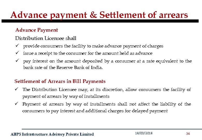 Advance payment & Settlement of arrears Advance Payment Distribution Licensee shall ü provide consumers