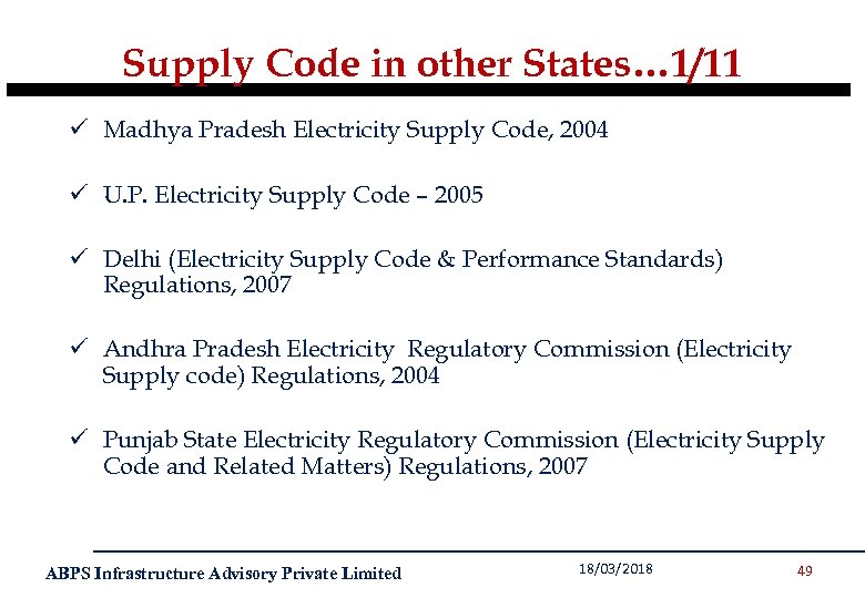 Supply Code in other States… 1/11 ü Madhya Pradesh Electricity Supply Code, 2004 ü