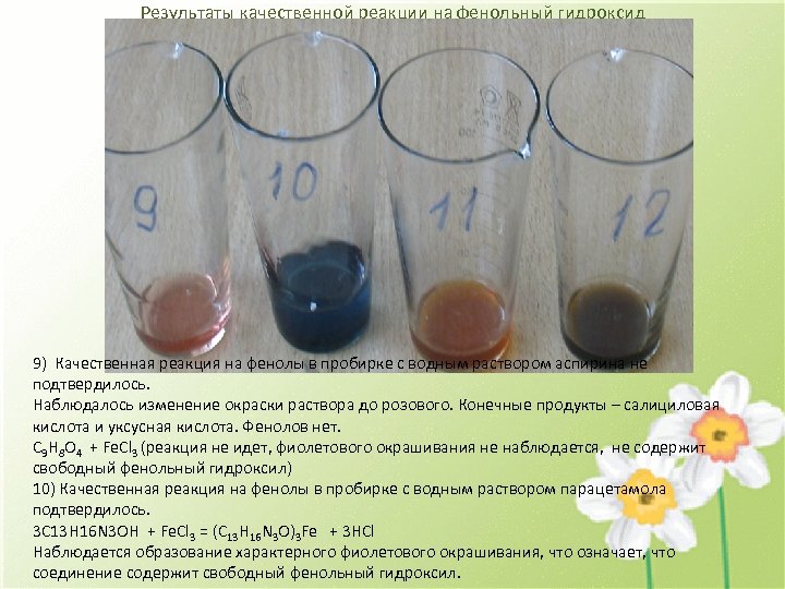 Результаты качественной реакции на фенольный гидроксид 9) Качественная реакция на фенолы в пробирке с