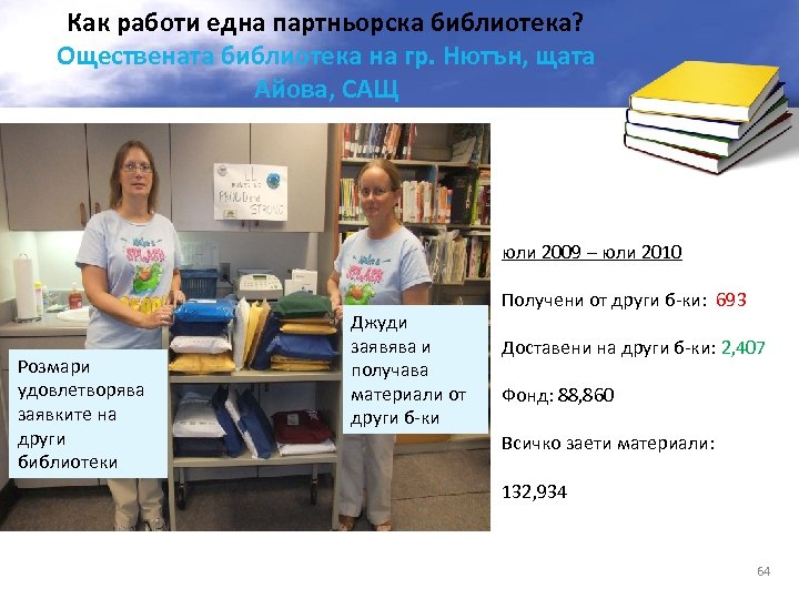 Как работи една партньорска библиотека? Оществената библиотека на гр. Нютън, щата Айова, САЩ юли