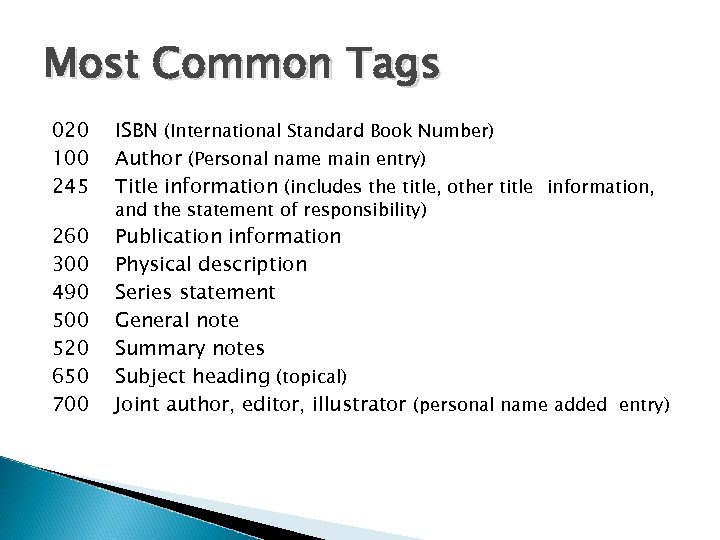 Most Common Tags 020 100 245 ISBN (International Standard Book Number) Author (Personal name