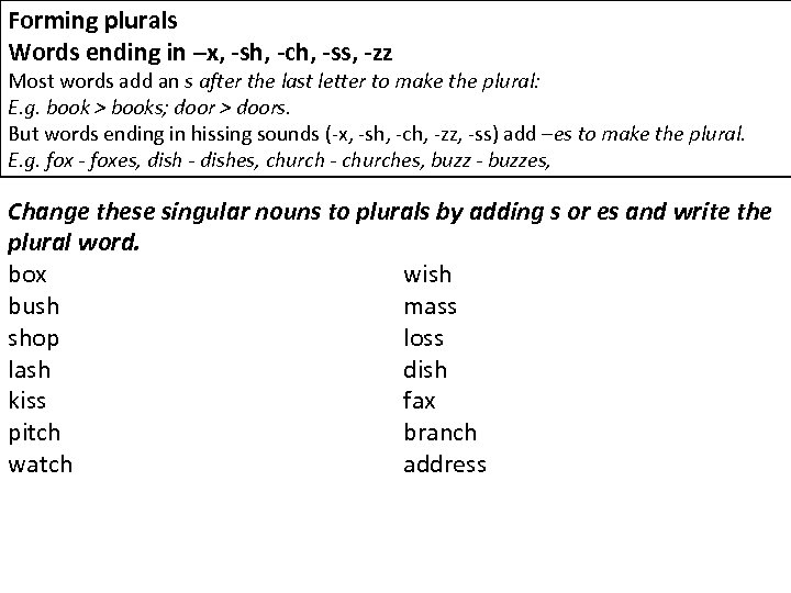 Forming plurals Words ending in –x, -sh, -ch, -ss, -zz Most words add an
