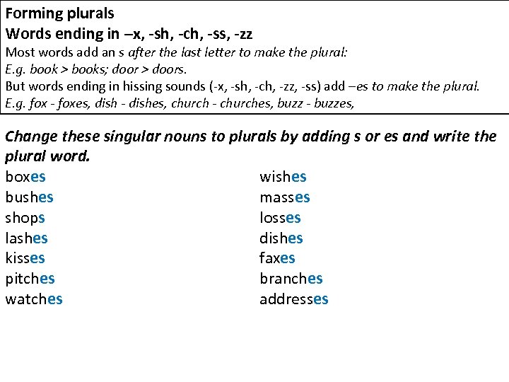 Forming plurals Words ending in –x, -sh, -ch, -ss, -zz Most words add an