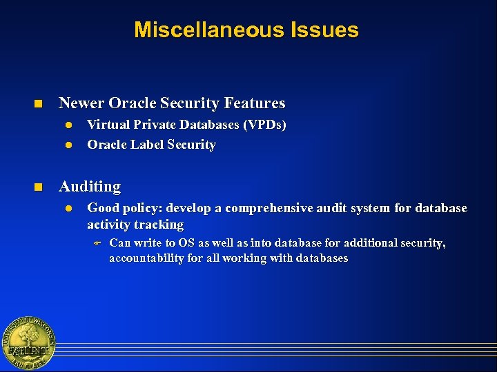 Miscellaneous Issues n Newer Oracle Security Features l l n Virtual Private Databases (VPDs)