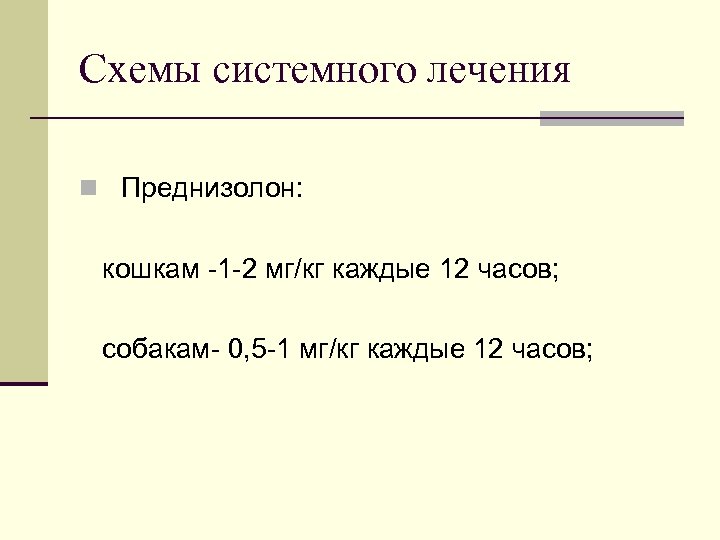 Схемы системного лечения n Преднизолон: кошкам -1 -2 мг/кг каждые 12 часов; собакам- 0,