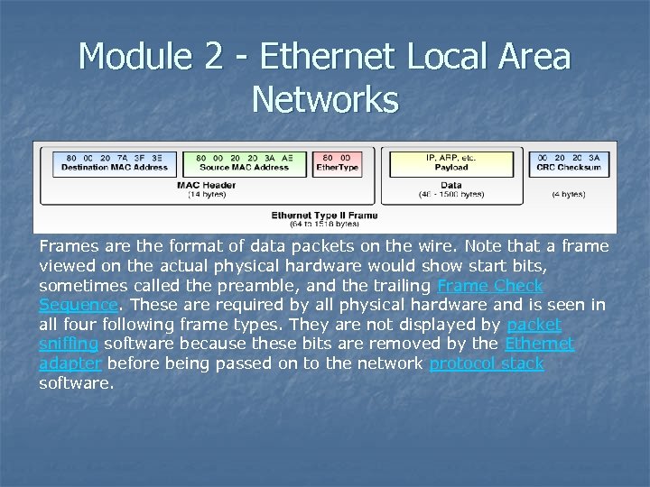 Module 2 - Ethernet Local Area Networks Frames are the format of data packets