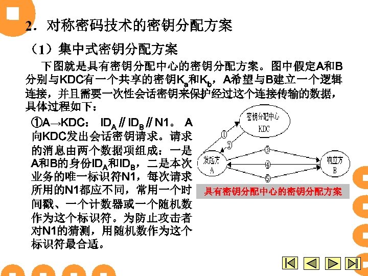 2．对称密码技术的密钥分配方案 （1）集中式密钥分配方案 下图就是具有密钥分配中心的密钥分配方案。图中假定A和B 分别与KDC有一个共享的密钥Ka和Kb，A希望与B建立一个逻辑 连接，并且需要一次性会话密钥来保护经过这个连接传输的数据， 具体过程如下： ①A→KDC： IDA∥IDB∥N 1。 A 向KDC发出会话密钥请求。请求 的消息由两个数据项组成：一是 A和B的身份IDA和IDB，二是本次 业务的唯一标识符N