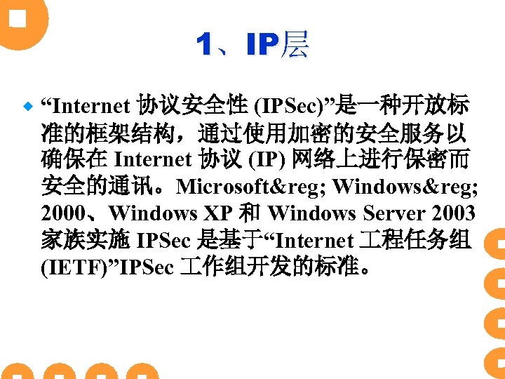 1、IP层 ® “Internet 协议安全性 (IPSec)”是一种开放标 准的框架结构，通过使用加密的安全服务以 确保在 Internet 协议 (IP) 网络上进行保密而 安全的通讯。Microsoft&reg; Windows&reg; 2000、Windows