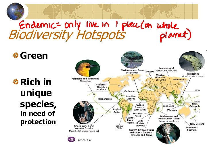 Biodiversity Hotspots Green Rich in unique species, in need of protection 