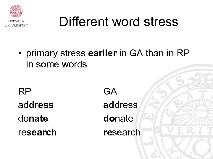 Different word stress • primary stress earlier in GA than in RP in some