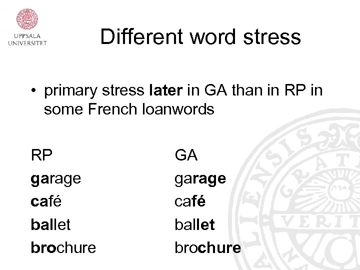 Different word stress • primary stress later in GA than in RP in some