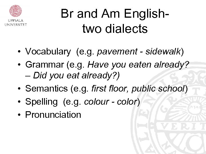 Br and Am Englishtwo dialects • Vocabulary (e. g. pavement - sidewalk) • Grammar