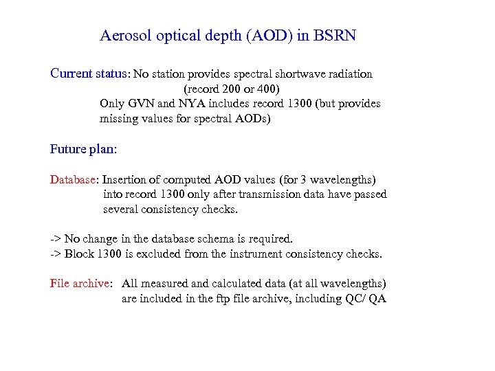 Aerosol optical depth (AOD) in BSRN Current status: No station provides spectral shortwave radiation
