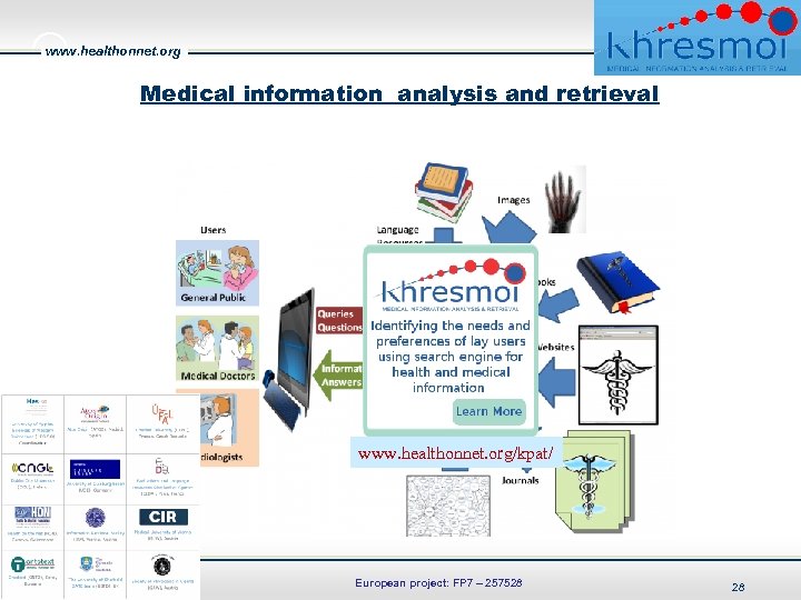 www. healthonnet. org Medical information analysis and retrieval www. healthonnet. org/kpat/ European project: FP