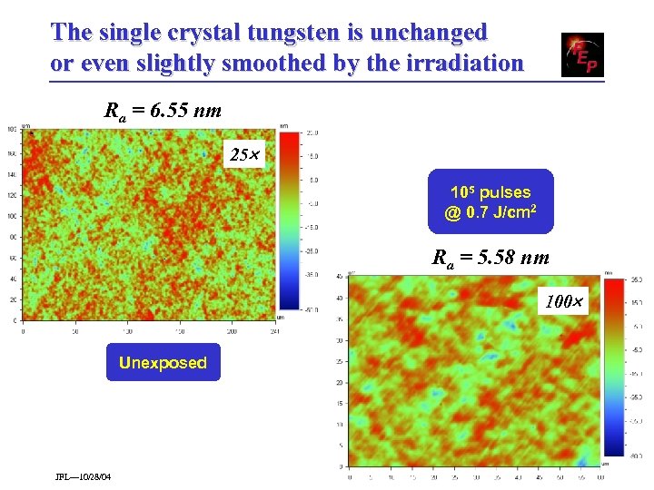 The single crystal tungsten is unchanged or even slightly smoothed by the irradiation Ra