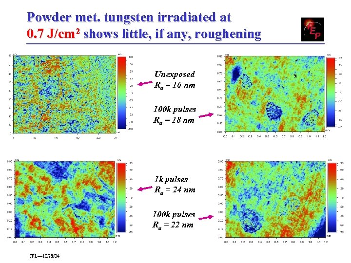 Powder met. tungsten irradiated at 0. 7 J/cm 2 shows little, if any, roughening