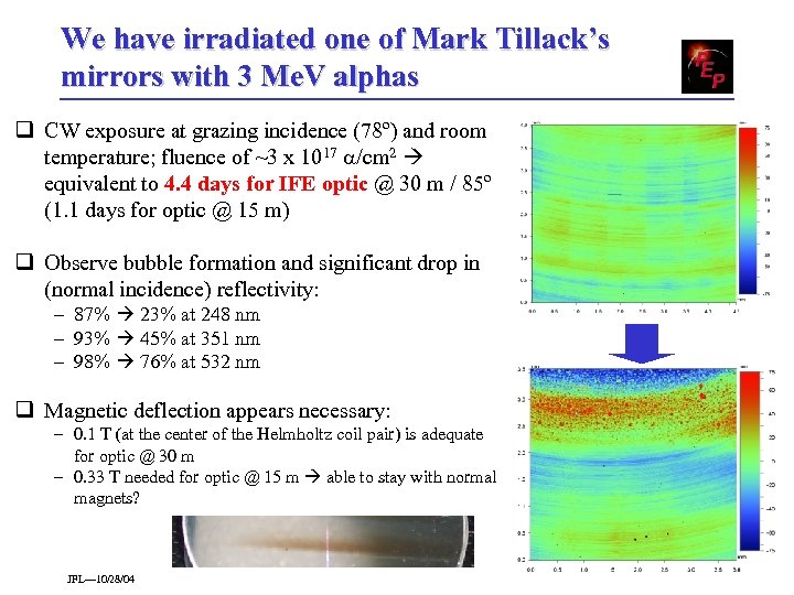 We have irradiated one of Mark Tillack’s mirrors with 3 Me. V alphas q