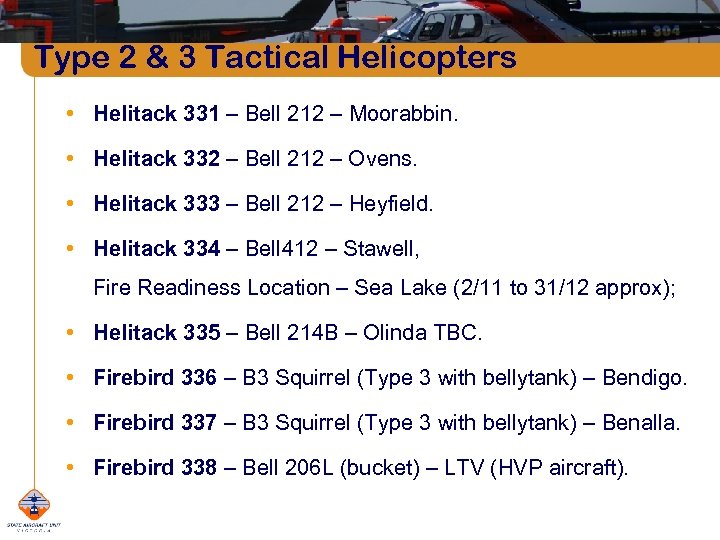 Type 2 & 3 Tactical Helicopters • Helitack 331 – Bell 212 – Moorabbin.
