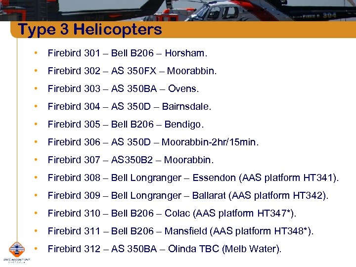 Type 3 Helicopters • Firebird 301 – Bell B 206 – Horsham. • Firebird