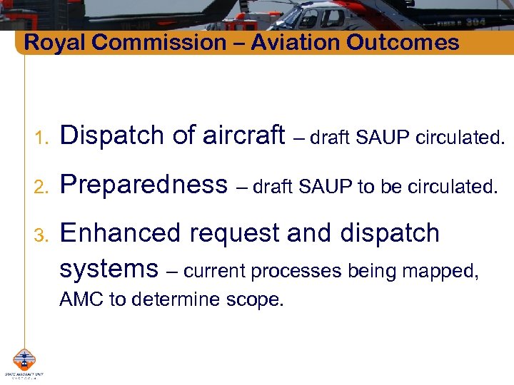 Royal Commission – Aviation Outcomes 1. Dispatch of aircraft – draft SAUP circulated. 2.