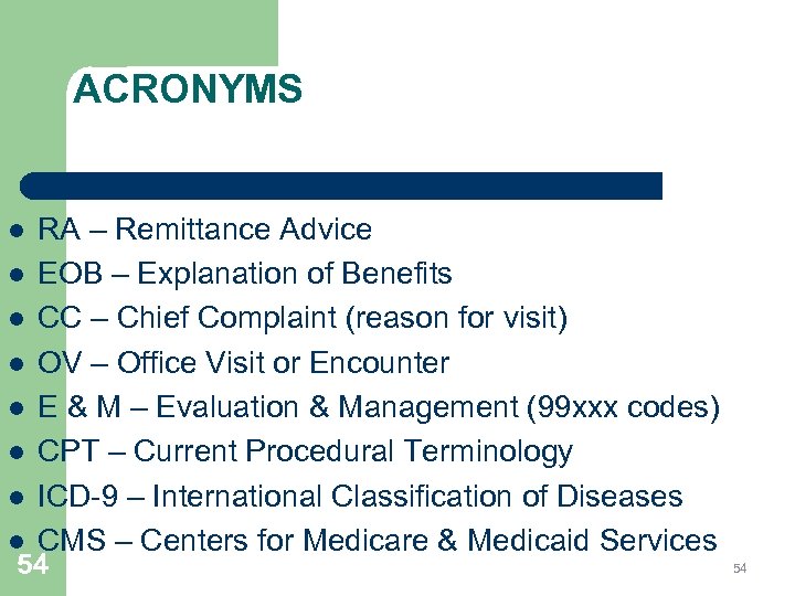 ACRONYMS l l l l RA – Remittance Advice EOB – Explanation of Benefits