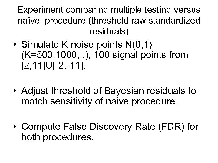 Experiment comparing multiple testing versus naïve procedure (threshold raw standardized residuals) • Simulate K